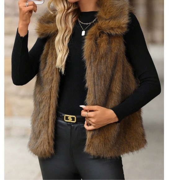 Luxe Vegan Fur Wide Collar Open Front Vest S M L XL - Picture 4 of 5